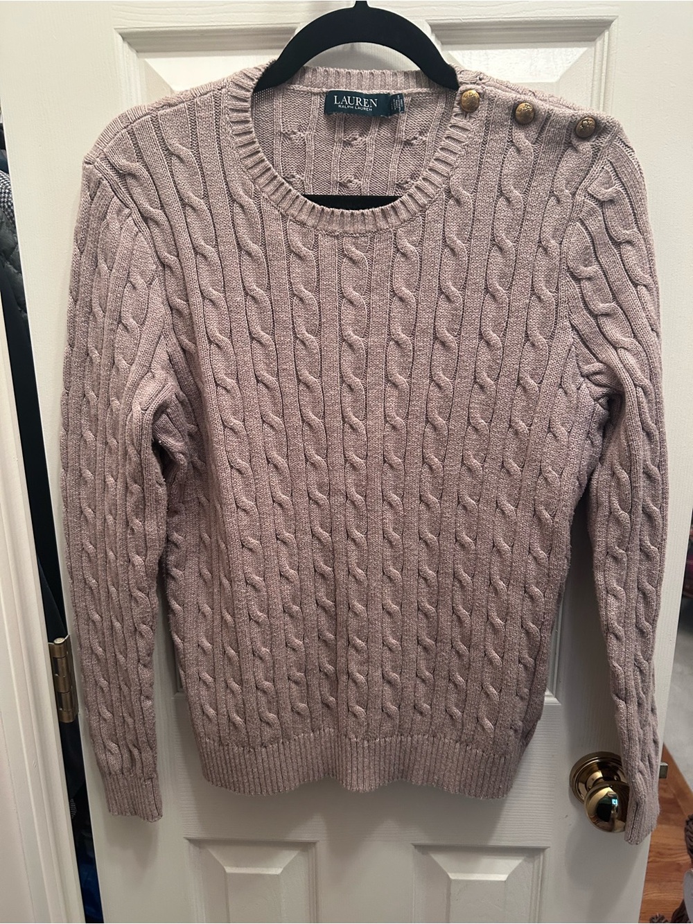 Lauren Ralph Lauren Light Tan Cable Knit Crew Neck Sweater w/Button Detail. XL